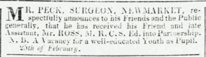 Robert Peck's 1833 announcement in the newspaper that he'd taken on Andrew Ross as a partner - note the advert presumably for an apprentice also (see below or click image for source and acknowledgements etc., ref. Image 1).