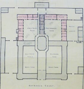 Some 1842 plans for the workhouse, showing the small hospital at the back, and note the separate contagious wards - I presume the pink area represents proposed buildings, so the grey is the workhouse and hospital as it stood in 1842 (see below or click image for source and acknowledgements etc., ref. Image 1).