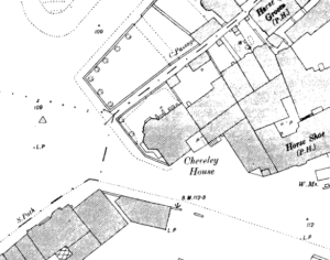 Cheveley House marked on the 1885 Town Plan of Newmarket (see below or click image for source and acknowledgements etc., ref. Image 2).
