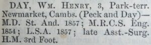 William Henry Day’s 1858 Medical Directory entry mentioning ‘Peck and Day’ (see below or click image for source and acknowledgements etc., ref. Image 3).