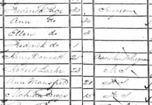 Frederick Page on the 1841 census in Newmarket, with an assistant called Henry Donnett, and his one year old son, who later became Professor of Surgery at Newcastle (see below or click image for source and acknowledgements etc., ref. Image 1).