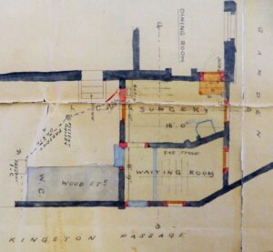 The 1902 plans to convert a stable and wash house into a surgery with waiting room at Kingston House (see below or click image for source and acknowledgements etc., ref. Image 2).