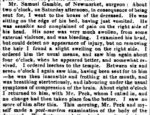 A newspaper report from 1845 in which Samuel Gamble treated a head injury case with 'leeches to the temple' (see below or click image for source and acknowledgements etc., ref. Image 2).