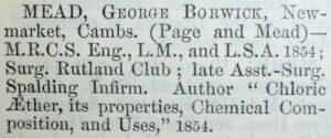 George Borwick Mead's 1857 Medical Directory entry mentioning 'Page and Mead'; see the page on Frederick Page for a reciprocal entry (see below or click image for source and acknowledgements etc., ref. Image 1).