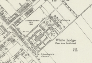 The White Lodge Poor Law Institution on the 1926 OS map, with infirmary at the back (see below or click image for source and acknowledgements etc., ref. Image 2).