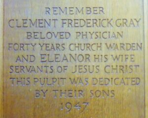 Memorial to Clement Gray (and his wife) inside the pulpit of All Saints' Church, Newmarket (see below or click image for source and acknowledgements etc., ref. Image 3).