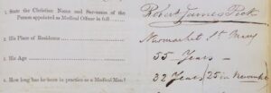 Robert James Peck's details on an 1844 form - note, this is his signature, which also appears at the end of the form and there is another example on the page about the Newmarket Union and poor laws (see below or click image for source and acknowledgements etc., ref. Image 2).
