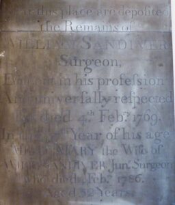 William Sandiver 1's memorial inside the base of the bell tower at St Mary's church, Newmarket, shared with his daughter in law, Mary, wife of William Sandiver 2, described as 'Jun. Surgeon' (see below or click image for source and acknowledgements etc., ref. Image 5).