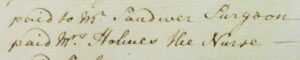 Mr Sandiver the 'surgeon' mentioned alongside Mrs Holmes the nurse in 1743, the earliest mention of an apparent medical nurse in Newmarket (see below or click image for source and acknowledgements etc., ref. Image 2).