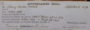 Sidney Winslow Woollett’s 1878 LSA examination records from the Society of Apothecaries in London, the last example of this qualification to be held by a Newmarket medic (see below or click image for source and acknowledgements etc., ref. Image 1).