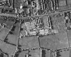 An aerial photograph of Newmarket Hospital from 1963 - note also, the last house visible on the left hand (lower) side of Exning Road is what was to become Exning Road Surgery in the 1970s (see below or click image for source and acknowledgements etc., ref. Image 5).