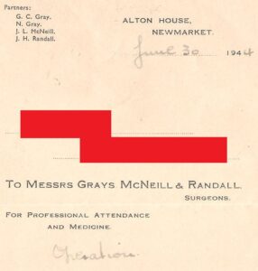 Part of an old receipt from Alton House Surgery regarding a bill for a hernia repair operation performed at the Rous Memorial Hospital in 1944 by Dr Norman Gray (see below or click image for source and acknowledgements etc., ref. Image 6).